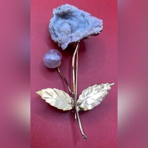 Women’s Brooch Gray Quartz Crystal Rose Flower 3”